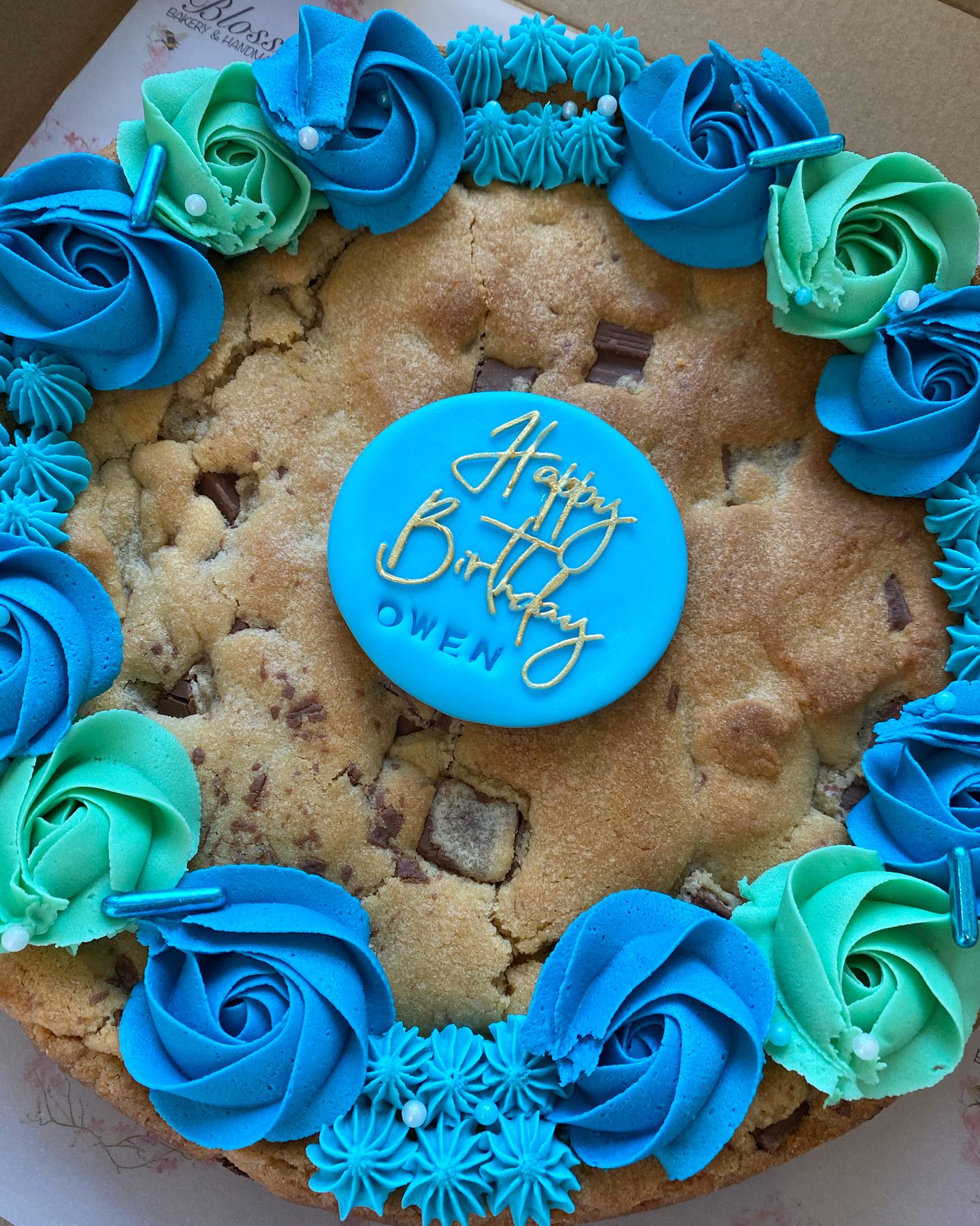 Giant personalised cookie by Blossom Bakery, Chelmsford