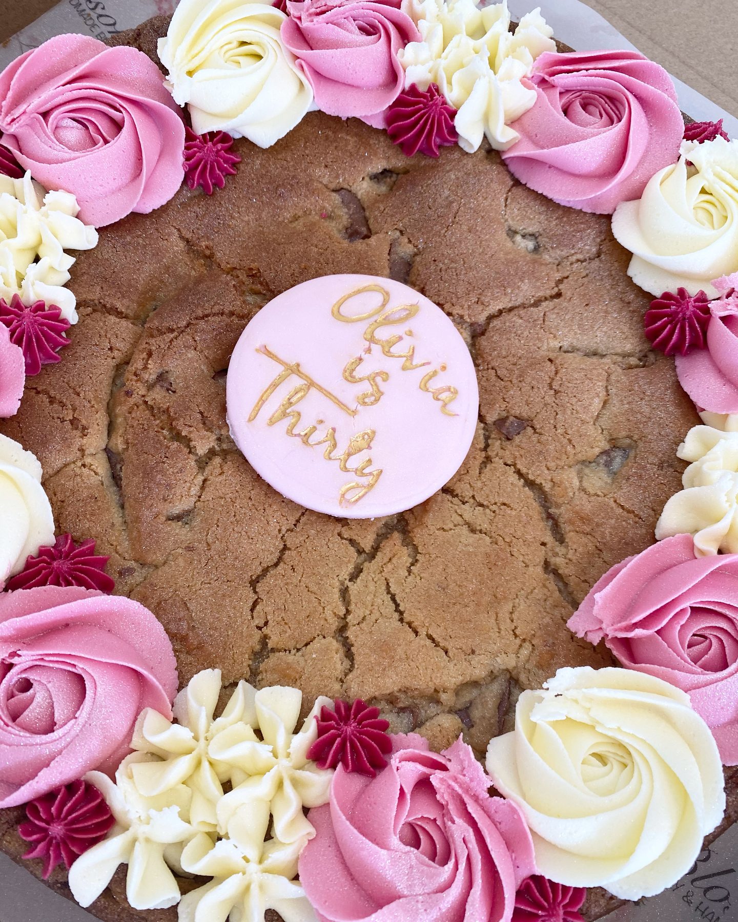 Giant personalised cookie by Blossom Bakery, Chelmsford