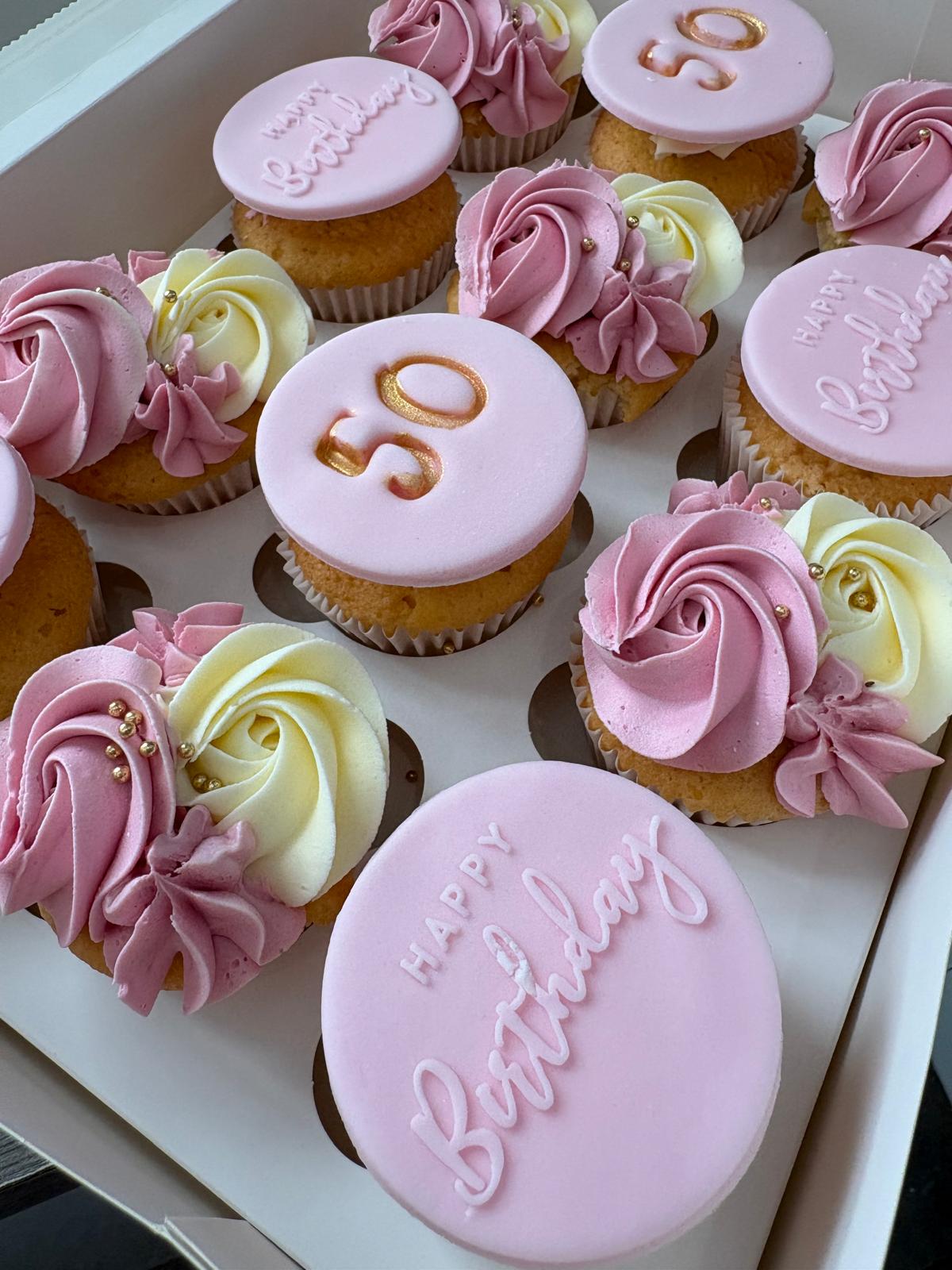 50th birthday cupcakes with pink buttercream rosettes by Blossom Bakery, Chelmsford