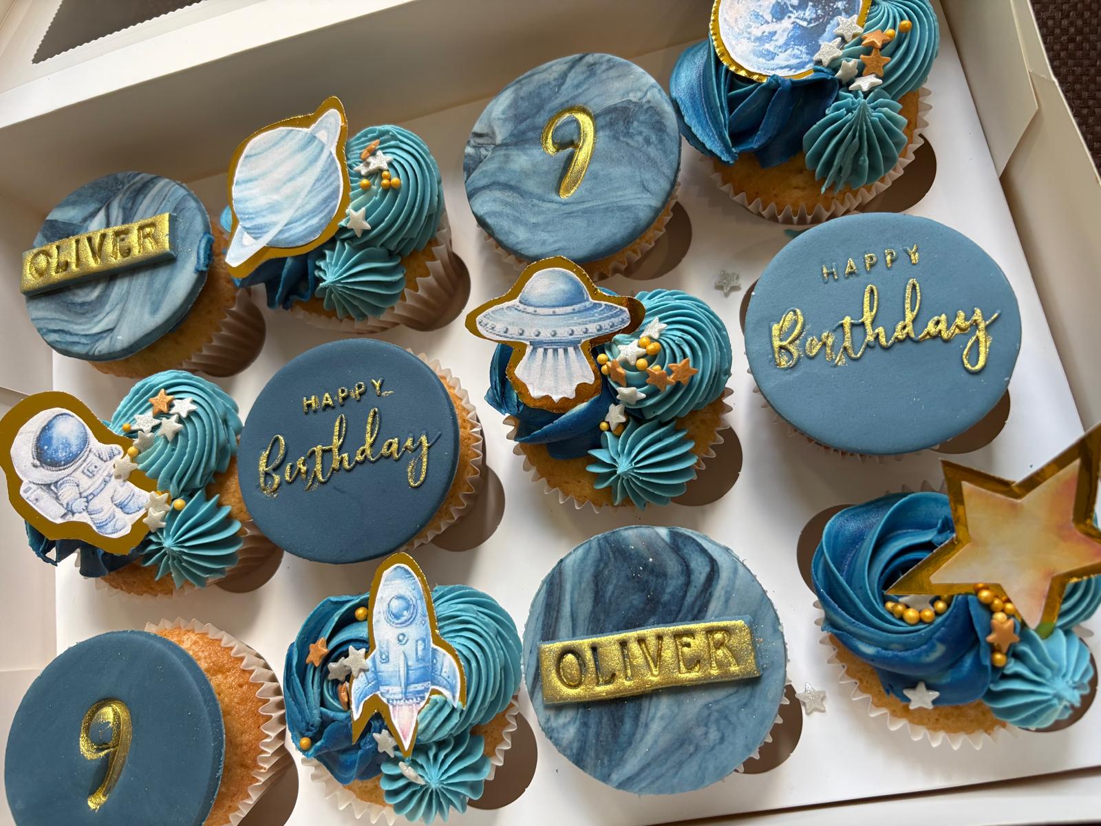Personalised space-themed birthday cupcakes for Oliver by Blossom Bakery, Chelmsford
