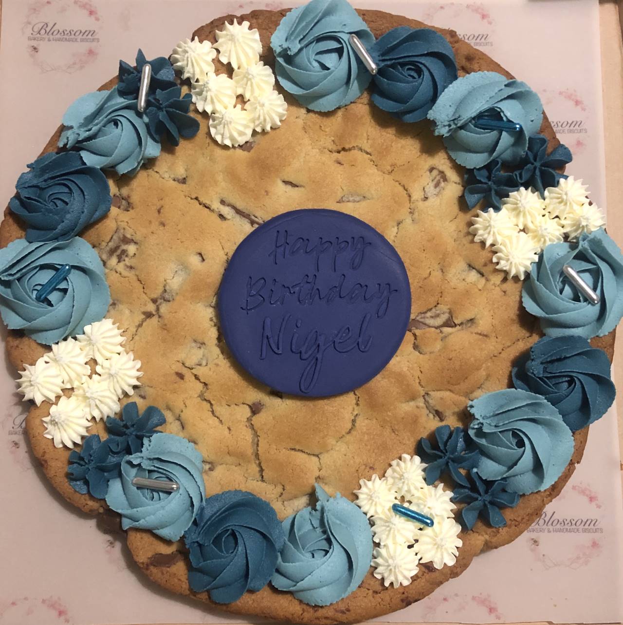 Giant personalised cookie by Blossom Bakery, Chelmsford
