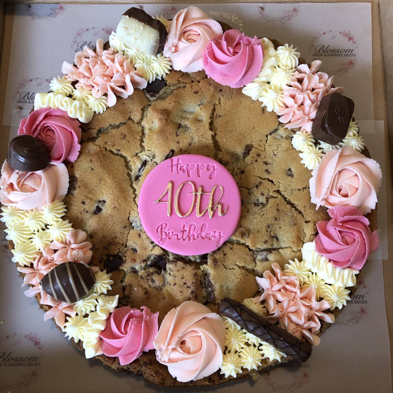 Giant personalised cookie by Blossom Bakery, Chelmsford