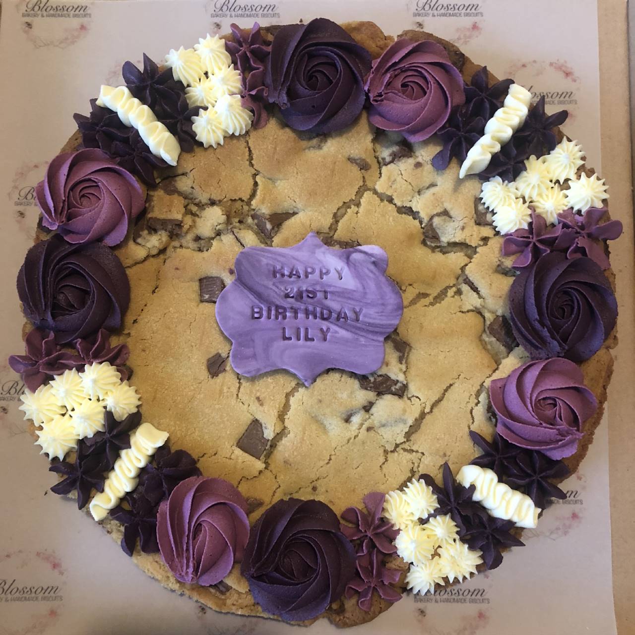 Giant personalised cookie by Blossom Bakery, Chelmsford
